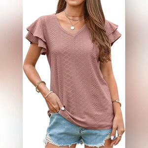 Eyelet V-Neck T Shirt Ruffle Short Sleeve Casual Mauve‎ Top Size Large NWT